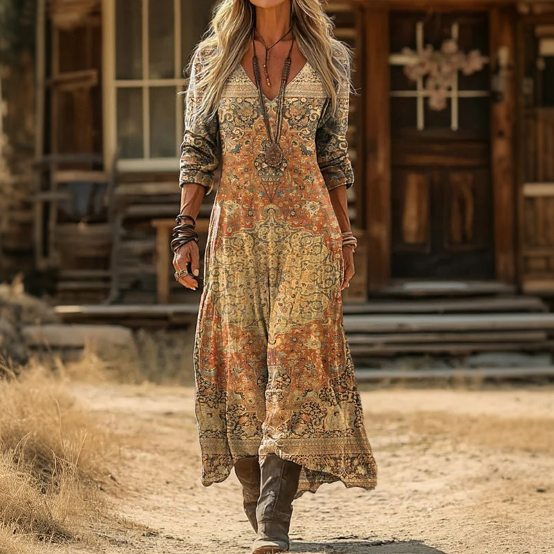 Maria - Casual Šaty s Dlouhým Rukávem ve Vintage Stylu
