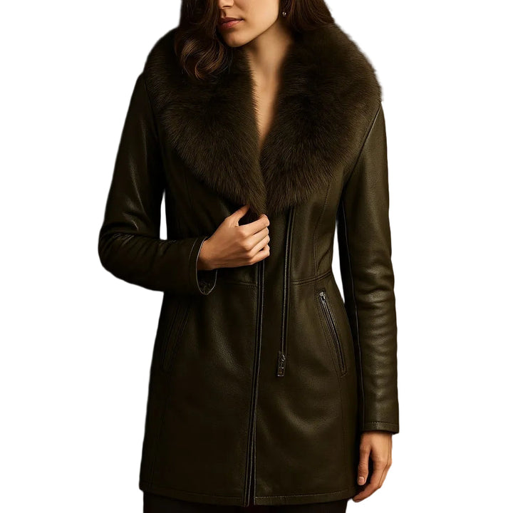 Laura™ - Nahkatakki ylellisellä turkisreunuksella