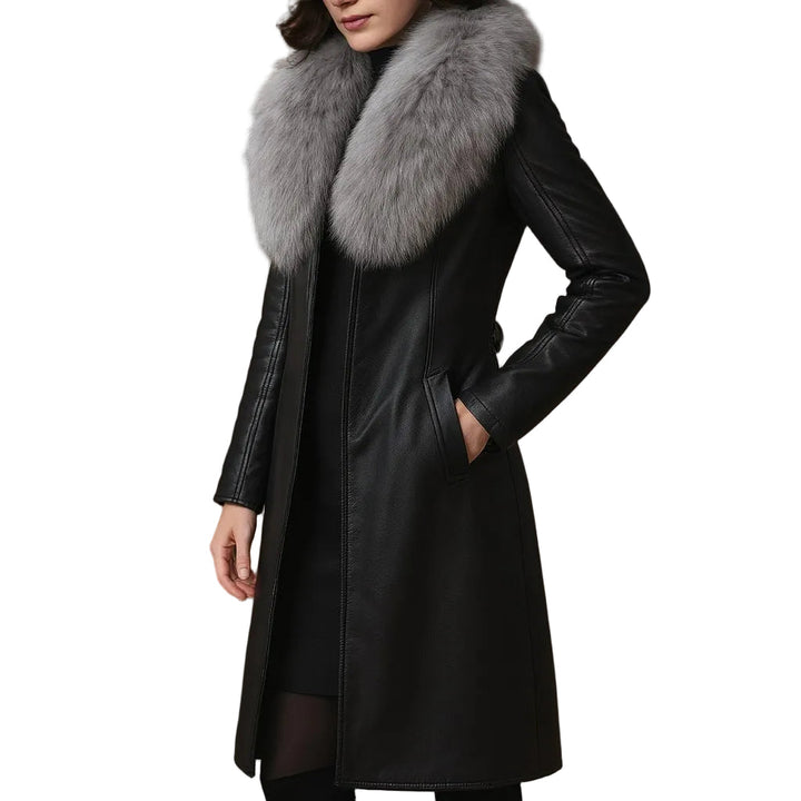 Laura™ - Nahkatakki ylellisellä turkisreunuksella