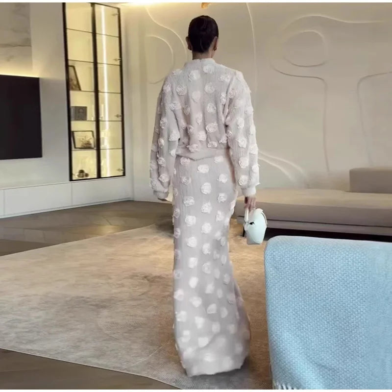 Ensemble Femme Élégant – Haut à Fleurs 3D et Jupe Longue