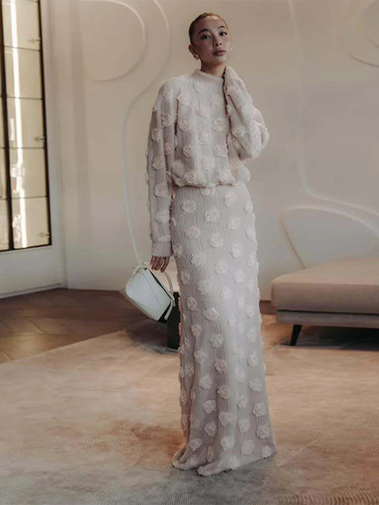 Ensemble Femme Élégant – Haut à Fleurs 3D et Jupe Longue