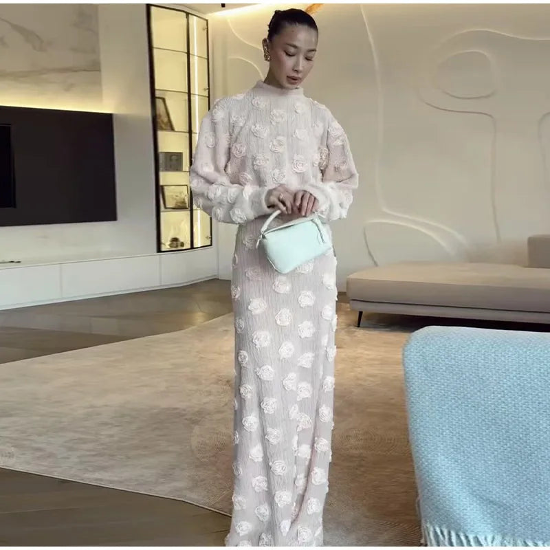 Ensemble Femme Élégant – Haut à Fleurs 3D et Jupe Longue