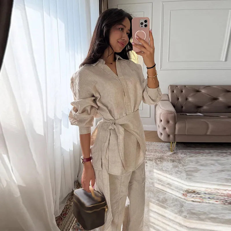 Ensemble Femme 2 Pièces en Lin – Chemise et Pantalon Large