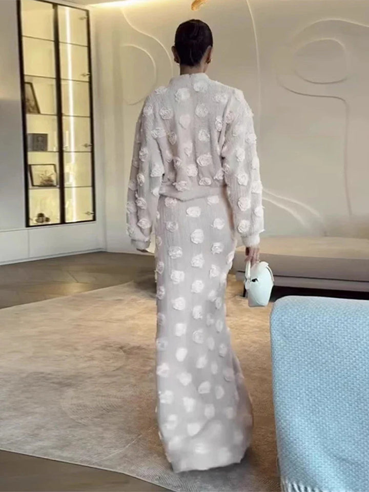 Ensemble Femme Élégant – Haut à Fleurs 3D et Jupe Longue