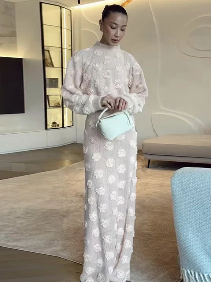 Ensemble Femme Élégant – Haut à Fleurs 3D et Jupe Longue
