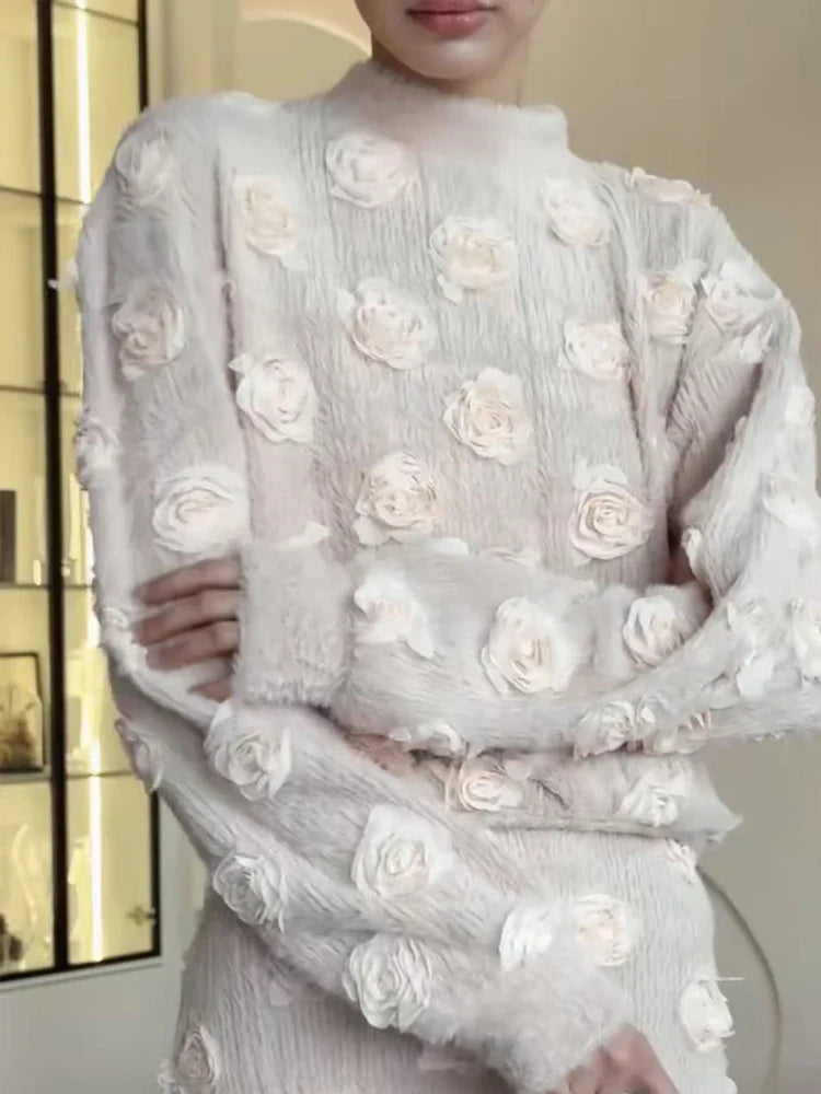 Ensemble Femme Élégant – Haut à Fleurs 3D et Jupe Longue