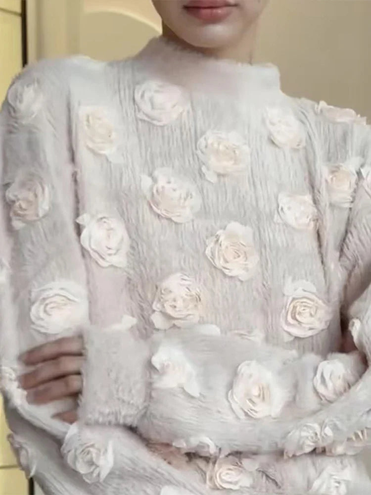 Ensemble Femme Élégant – Haut à Fleurs 3D et Jupe Longue