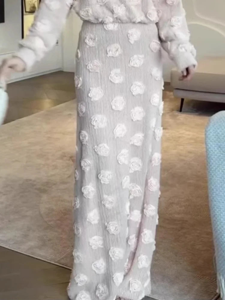 Ensemble Femme Élégant – Haut à Fleurs 3D et Jupe Longue