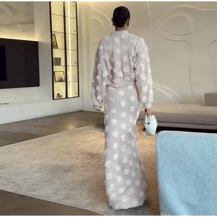 Ensemble Femme Élégant – Haut à Fleurs 3D et Jupe Longue