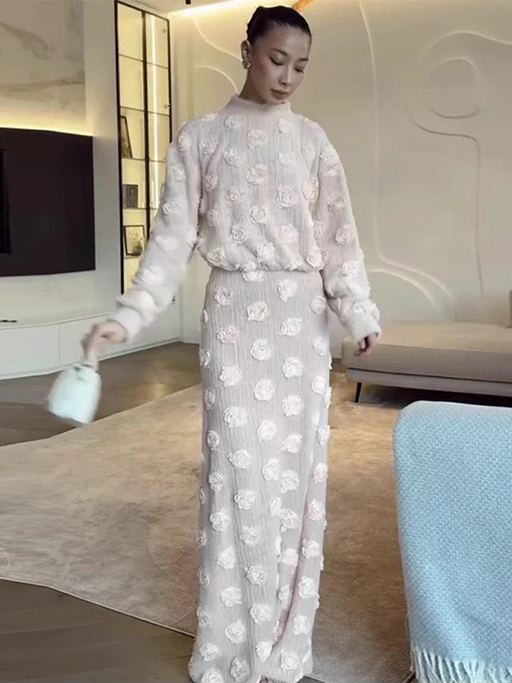 Ensemble Femme Élégant – Haut à Fleurs 3D et Jupe Longue
