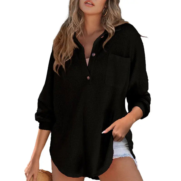 Mukava naisten oversized Henley neule tunika paita V-pääntiellä ja pitkillä hihoilla